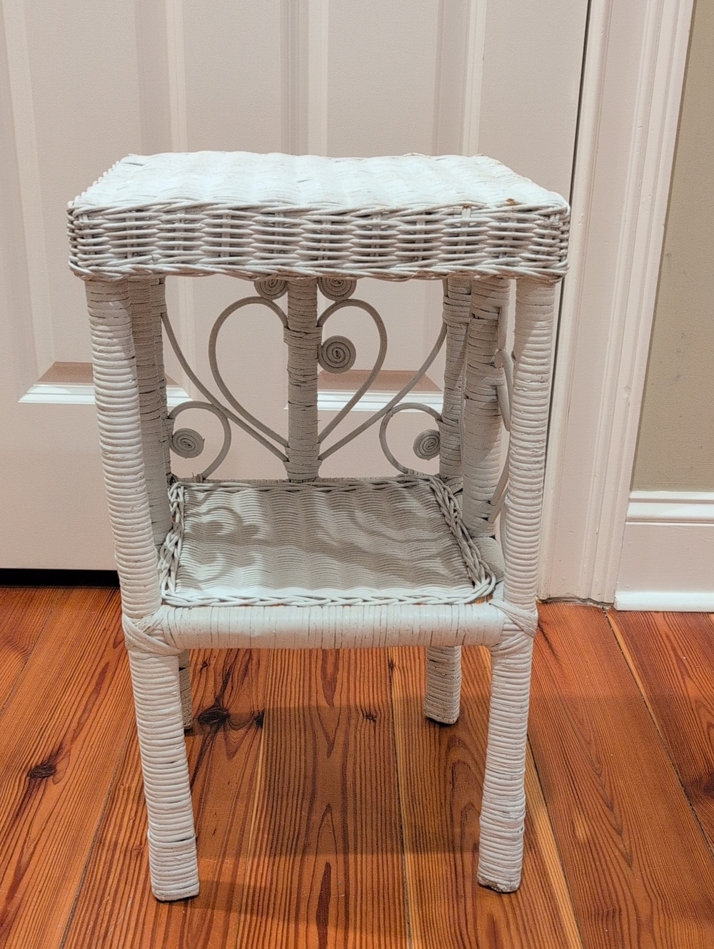 White Wicker Boho 2-Tier Accent Side Table Cottagecore Woven Vintage